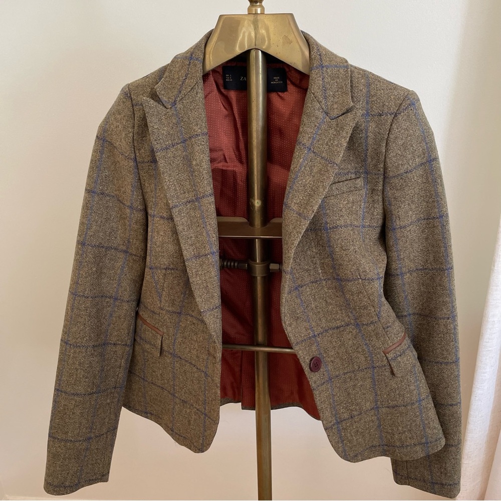 Zara Basic Plaid Wool Blazer With Elbow Patches, … - image 5